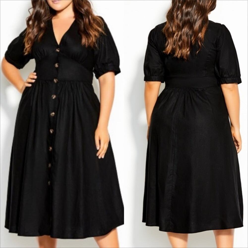 CITY Chic sunset stroll black linen v neck cap sleeve button front midi dress